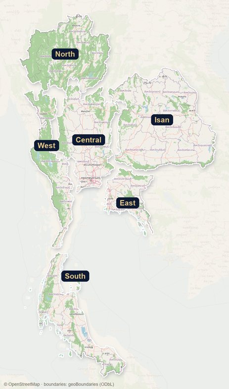 Map of the six regions of Thailand