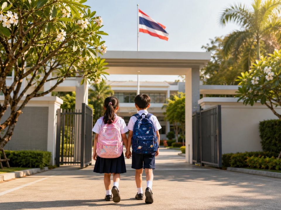 Deux enfants en uniforme scolaire, cartable au dos, marchant main dans la main vers le portail d'une école sous un drapeau thaïlandais.
