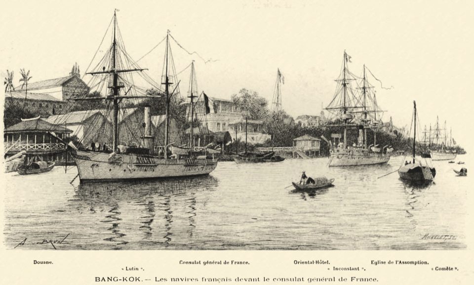 Old engraving of sailing and steam ships anchored on a river before colonial buildings, with small rowing boats.