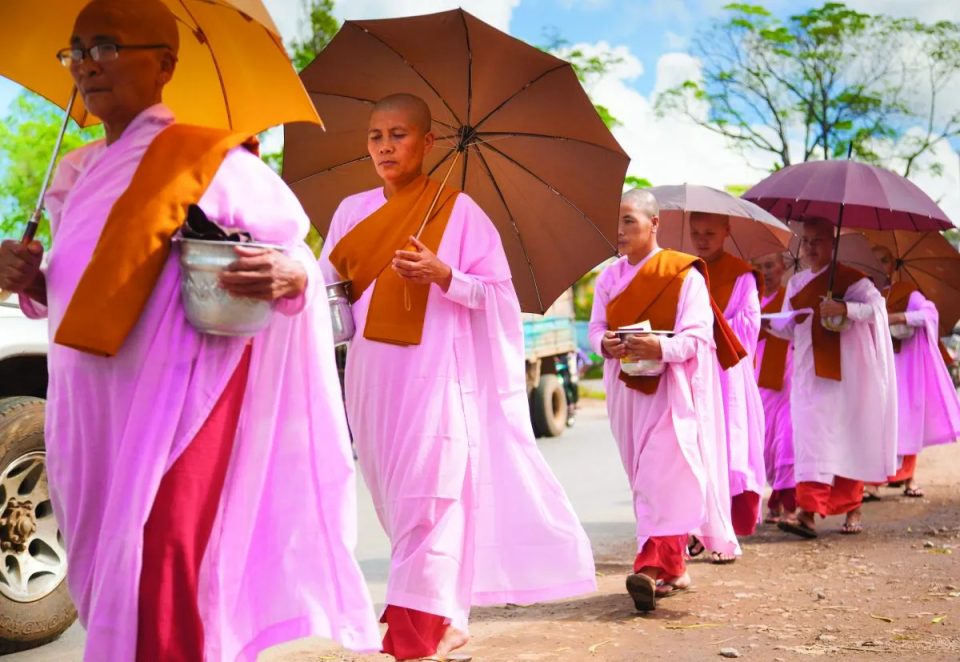 File de nonnes bouddhistes au crâne rasé, en robes roses et étoles orangées, marchant sous des parapluies avec des bols.