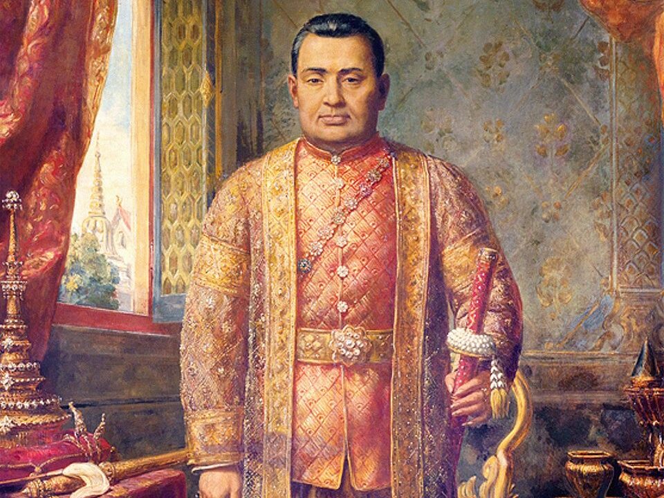 Painted portrait of King Rama III in gold-embroidered court dress holding a sword, before a window showing a chedi.